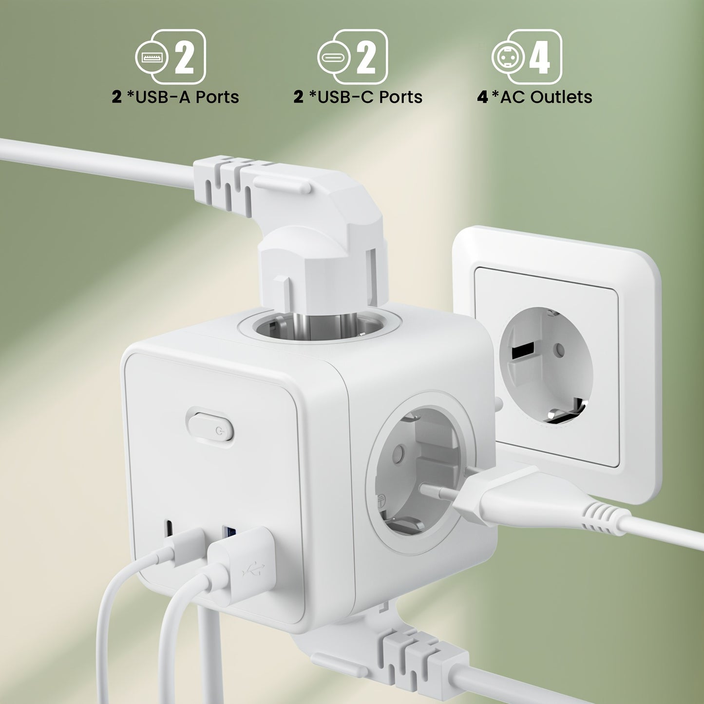 5-in-1 Portable Power Socket Adapter - 4000W Large Capacity, Compact Cube Design with 4 USB Ports & 2 AC Outlets, European Plug, On/Off Switch for Home & Office Appliances, White, Power Adapter for Electronics, Versatile Char