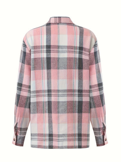 Women'S Casual Pink Plaid Button-Up Shirt - Short Sleeve Summer Top with Collar, Lightweight & Breathable Fabric for Casual Attire, Short Sleeve Blouse
