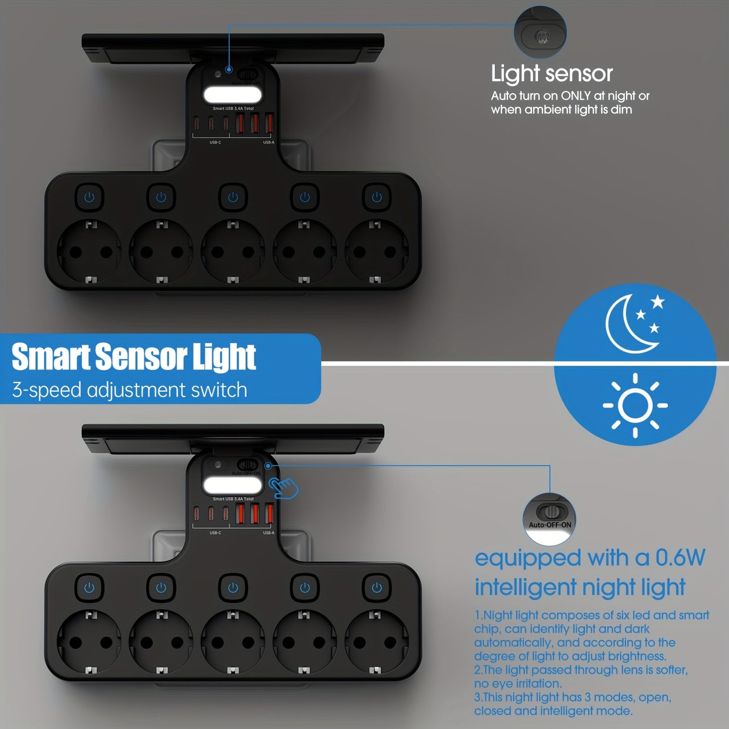 European 5-Pin Socket Extension with 3 USB-A and 3 USB-C Ports, Overload Protection, Smart Light Sensor, 4000W, 16A, Ideal for Home, Outdoor, and Office Use, Outdoor Power Supply, Modern Power Outlet, Durable Power Outlet