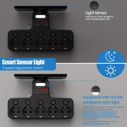 European 5-Pin Socket Extension with 3 USB-A and 3 USB-C Ports, Overload Protection, Smart Light Sensor, 4000W, 16A, Ideal for Home, Outdoor, and Office Use, Outdoor Power Supply, Modern Power Outlet, Durable Power Outlet