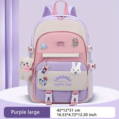 Chic Nylon Backpack for Girls - Cute Cartoon Design, Adjustable Straps, Lightweight backpack, Perfect for Elementary to High School Students