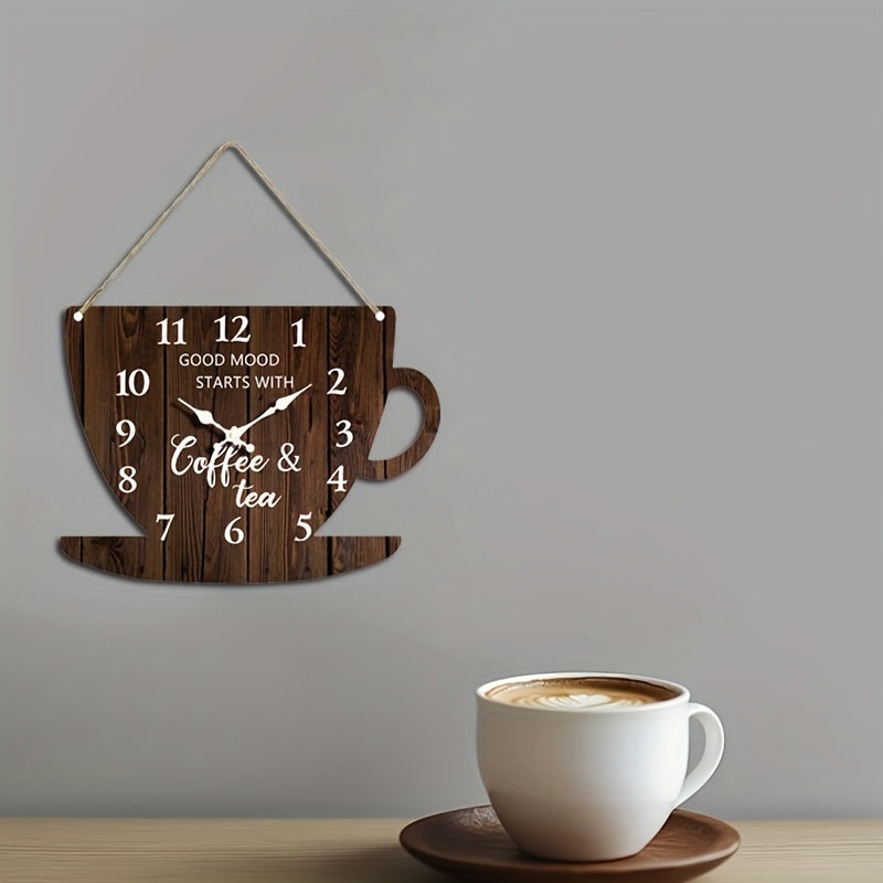 1pc Unique Clock, Coffee Cup Shaped Creative Wall Clock with Arabic Numerals Design in Dark Wood Tone, Silent Quartz Wooden Timepiece for Bedroom, Living Room, Office, Kitchen & Bathroom - Battery Operated (Batteries Not Incl