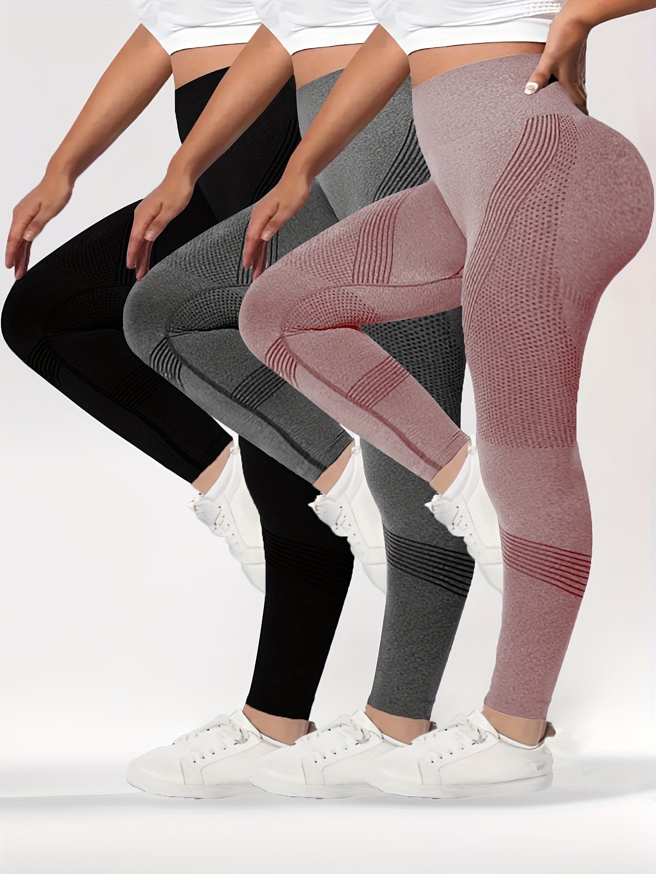 3 Packs Plus Size Simple Skinny Leggings, Casual High Waist Stretchy Leggings For Spring &amp; Summer, Women's Plus Size Clothing