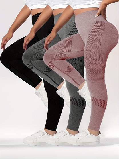 3 Packs Plus Size Simple Skinny Leggings, Casual High Waist Stretchy Leggings For Spring &amp; Summer, Women's Plus Size Clothing