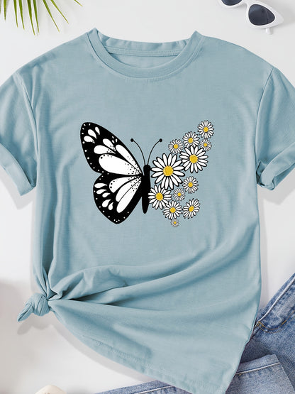 T-shirt casual para mulher com estampado floral de borboletas e margaridas, gola redonda - Verde azeitona, Lavável à máquina, Modelagem regular para looks casuais, Moda para todas as estações, Estilo descontraído, Tecido não transparente