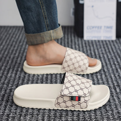 Men's Luxury Slip-On Slippers - Thick Cushioned EVA Sole & Soft PU Upper with Striped Pattern, All-Season Indoor/Outdoor House Shoes for Men, Comfortable Casual & Party Footwear (Black/White, Beige/Brown) - Unisex-Friendly De