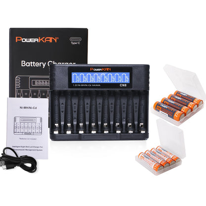 POWERKAN kit (battery + charger), 1.2V NiMH rechargeable AA and AAA batteries + CN8 charger, AA/AAA rechargeable and reusable, suitable for remote controls, alarm clocks, microphones and other household essential electronic d