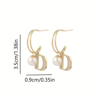 Hollow Letter D Design With Shiny Rhinestone Faux Pearl Decor Golden Dangle Earrings Japanese/ Korean Style Alloy Jewelry Female Gift