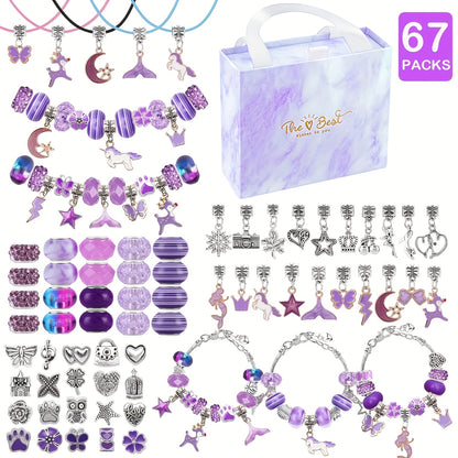 67-Piece DIY Charm Bracelet Bead Kit with Unicorn Mermaid Crafts, Includes 60 Charms, 3 Bracelets, and 3 Necklace Strands, Suitable for Birthday, Christmas, New Year's, Valentine's Day Gifts