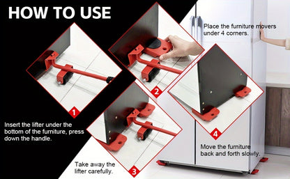 5pcs Heavy-Duty Furniture Moving System, Uncharged, No Battery Required, with Lifter Tool Set for Hardware Moving Tools