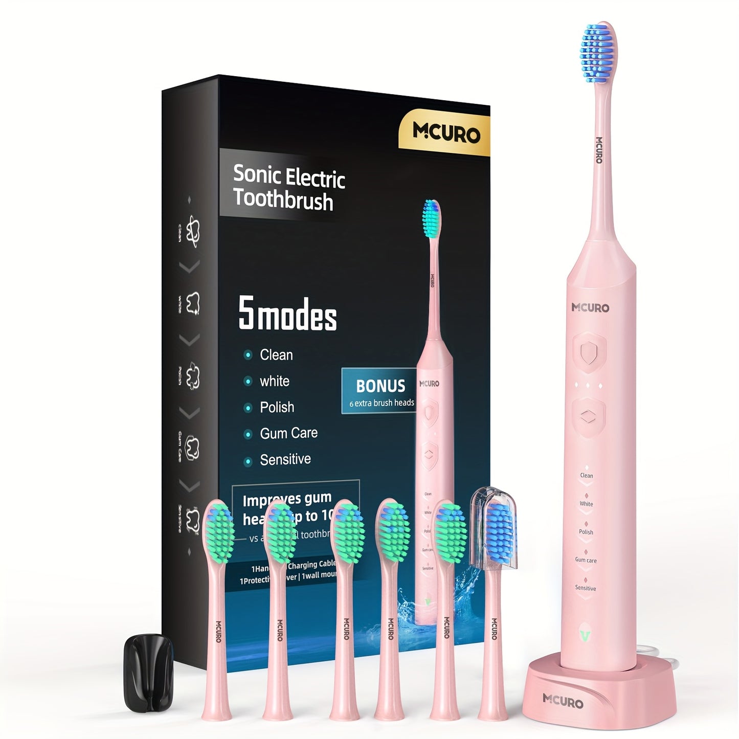 Sonic Electric Toothbrush Rechargeable Electric Toothbrush, Deep Cleaning with 5 Modes, 6 Replacement Brush Heads, Equipped with USB Stand Charging, Portable, Suitable for Travel, Dormitory, Gift, Black, Pink, Blue, Gift for