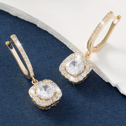 Square Shiny Zircon Decor Luxury Dangle Earrings Copper 14K Gold Plated Jewelry Exquisite Female Gift