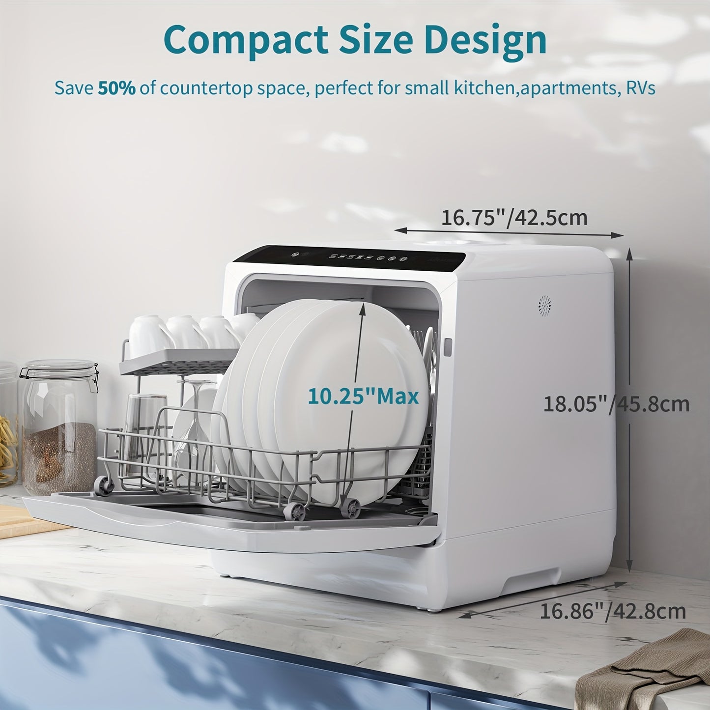 Independent Countertop Dishwasher, 5+1 Wash Programs, Built-in 5L Water Tank, Two Water Supply Modes, With Hot Air Drying And Automatic Ventilation Functions, Suitable For Homes, Apartments, And RVs.