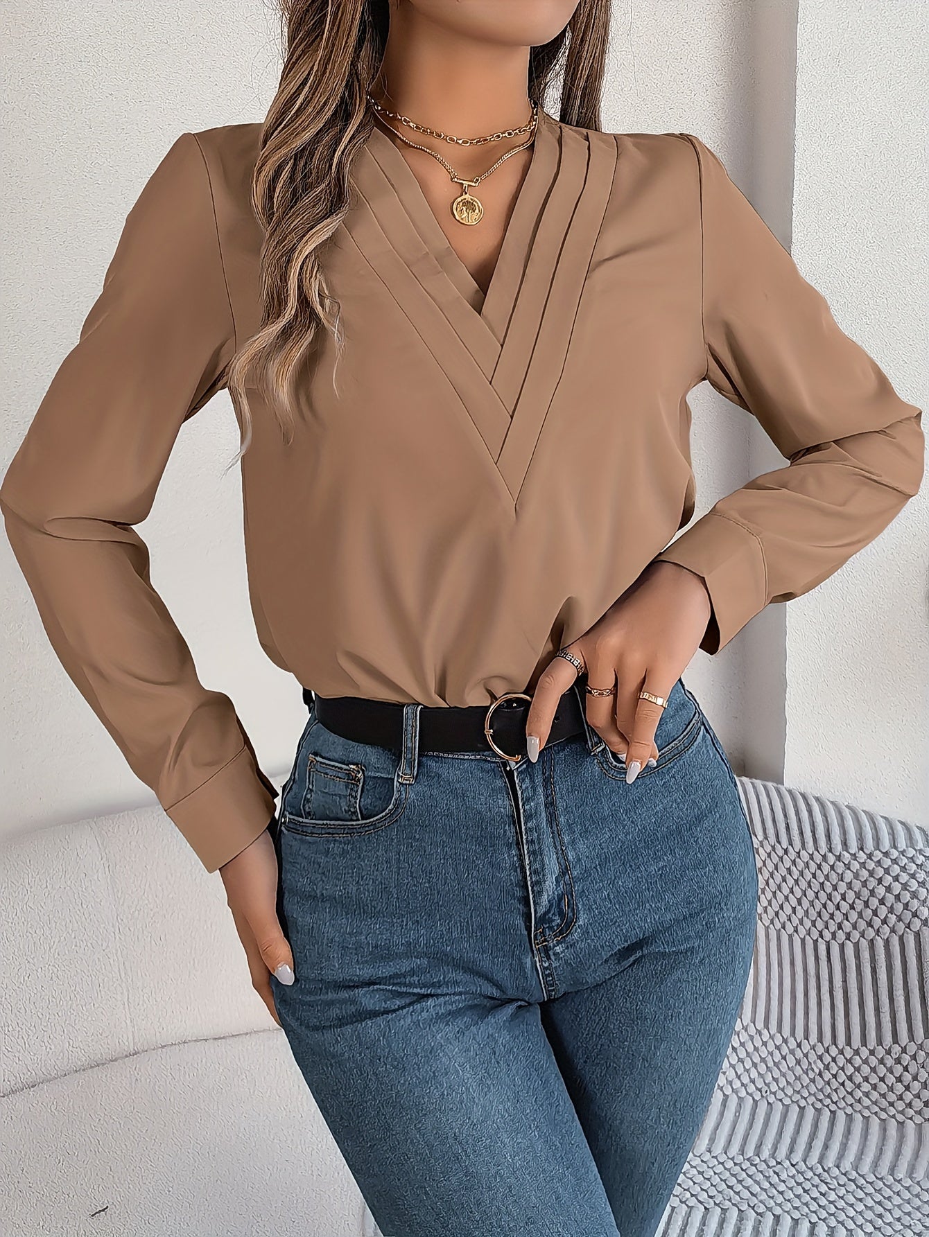 Women'S Elegant V-Neck Long Sleeve Shirt, Solid Color Polyester Blouse with Triple V-Cut, 95% Polyester 5% Elastane, Woven Fabric, 120g/m², for Spring/Summer/Fall - Adult