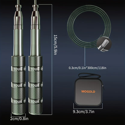 MOGOLD Adjustable Speed Jump Rope - Stainless Steel Metal Construction, 360° Spin Ball Bearing System, Silicone Grip Handles, Exercise & Fitness Skipping Rope for Adults, 14+ Age Group, Aluminum Alloy & PU Cable, Uncharged O