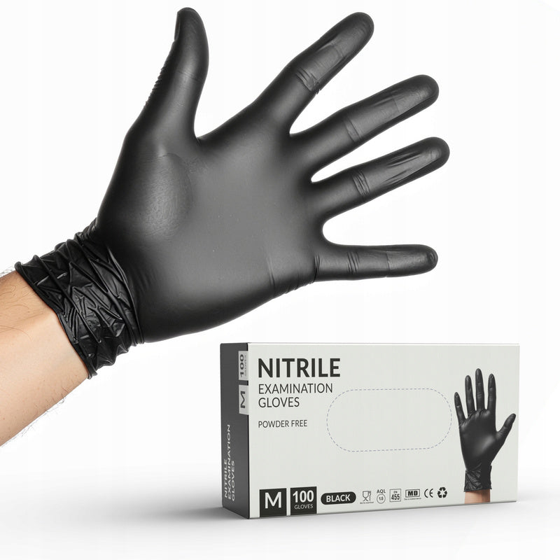 Nitrile Gloves, Powder-Free in Black, Size M, Packaging 100pcs, Made of High-Quality Nitrile Resistant to Punctures, Chemicals And Tears, Latex-Free And Powder-Free Hypoallergenic And Safe for Sensitive Skin, Universal – Fi