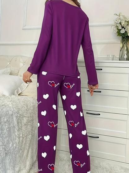 Plus Size Casual Heart Print Round Neck Long Sleeve Pantsuit