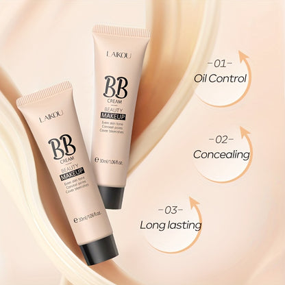 LAIKOU BB Cream à prova de água com cobertura total, tons naturais/marfim/bronzeado, 30ml, base de longa duração, controlo da oleosidade, uniformiza o tom da pele e disfarça os poros.