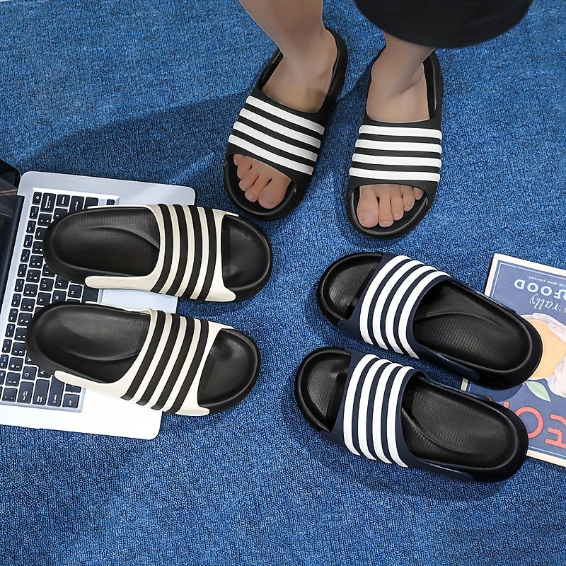 Chinelo unissexo casual às riscas, bico redondo, sola macia em EVA antiderrapante e antirriscos, ideal para caminhadas, atividades ao ar livre e uso diário.