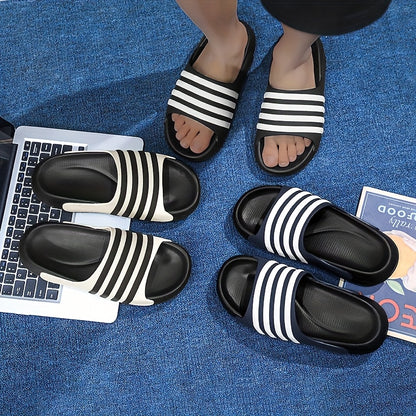 Chinelo unissexo casual às riscas, bico redondo, sola macia em EVA antiderrapante e antirriscos, ideal para caminhadas, atividades ao ar livre e uso diário.