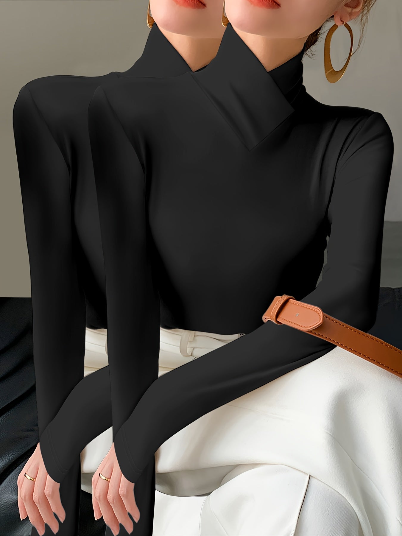 Solid Color Slim Fit Long Sleeve High Neck Pullover T-Shirt Two-Piece Set