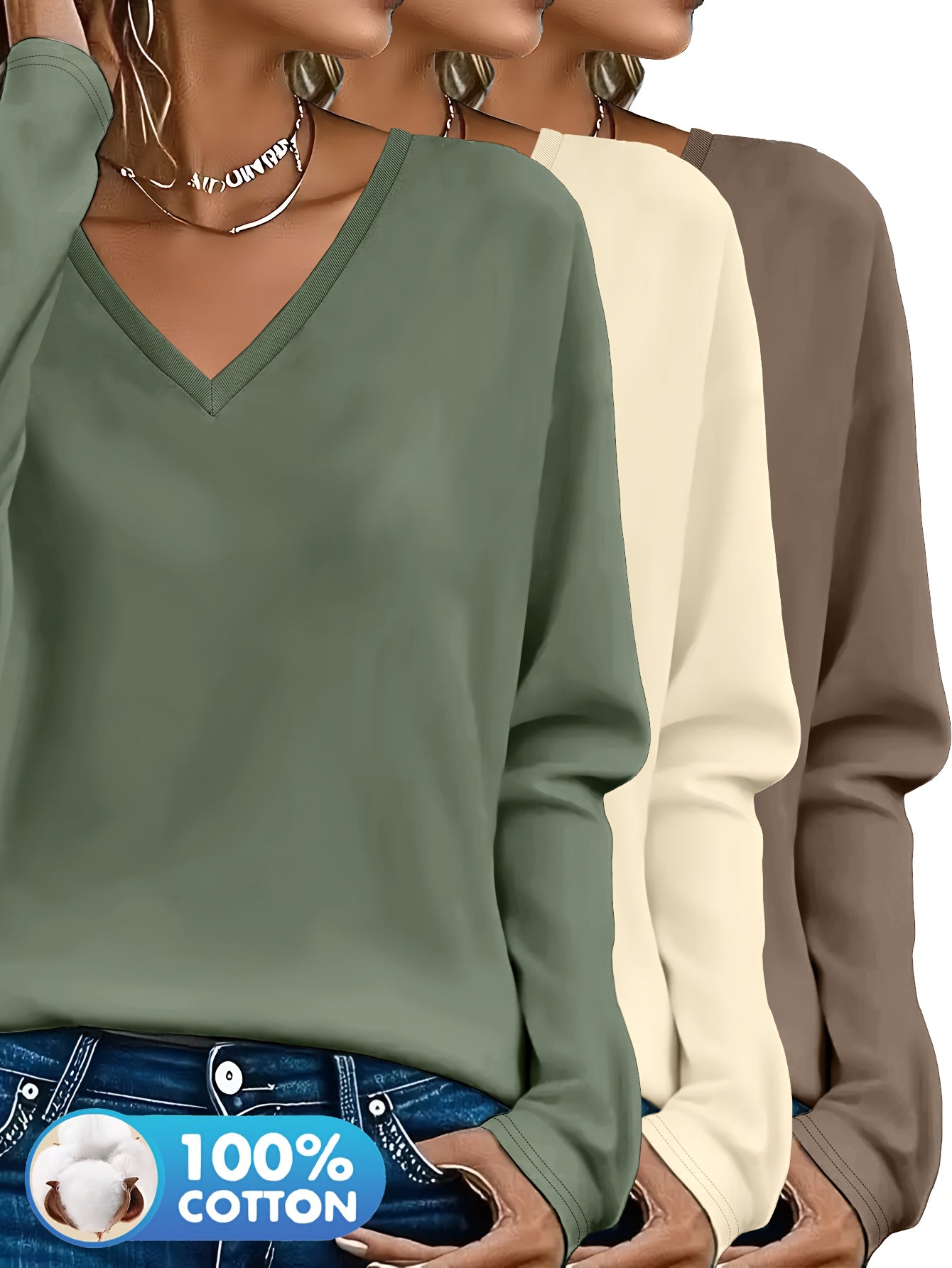 3pcs Women'S 100% V-Neck Long Sleeve T-Shirts - Soft, Durable, and Comfortable Casual Wear for All Seasons, Perfect for Holidays, Graduations, and Everyday Style, Everyday Comfort Wear | Minimalist Style | Soft Fabric Tee