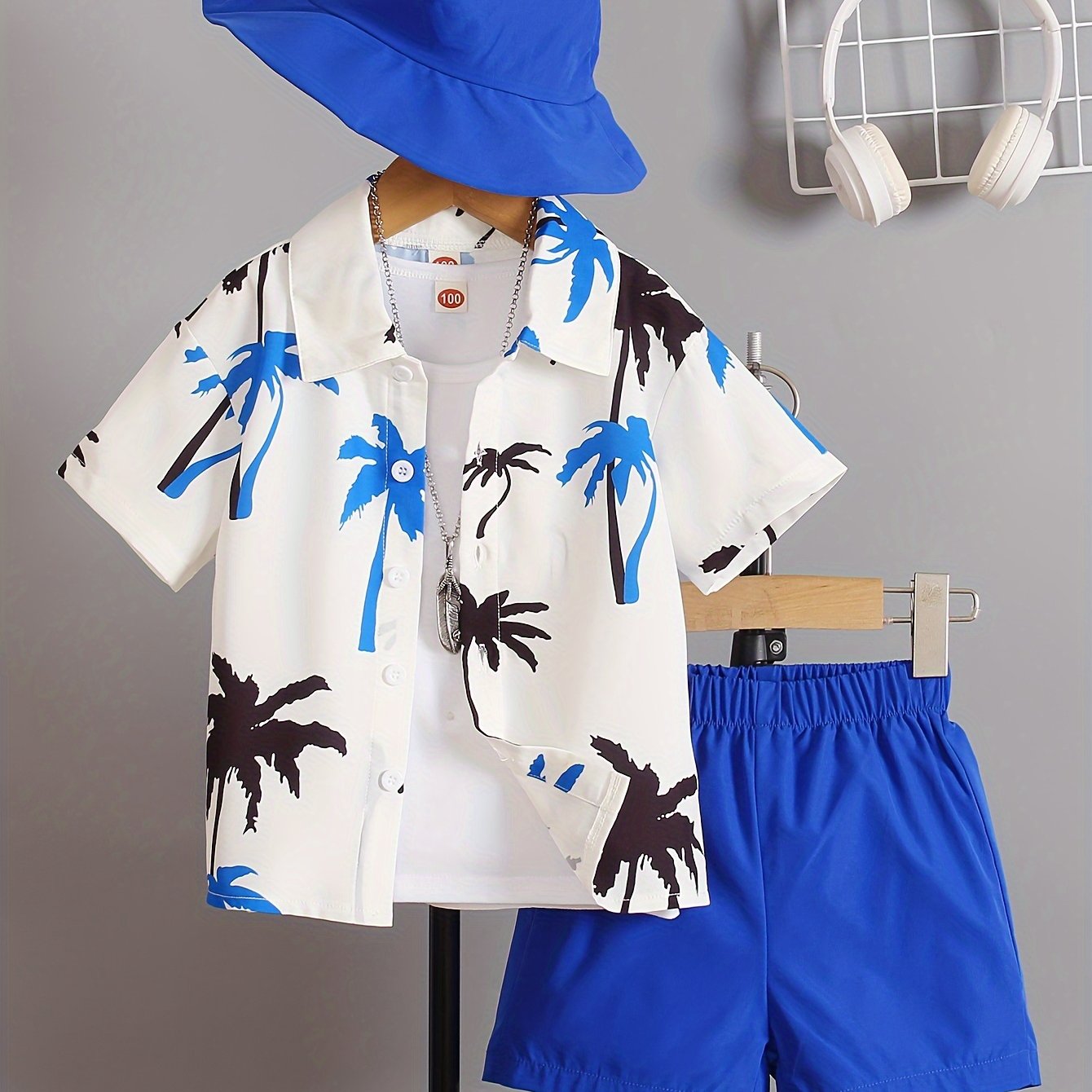 Boys' Summer Fashion Street Shirt Three-piece Set Only Selling Hats, Shirts and Shorts, Perfect for Outdoor