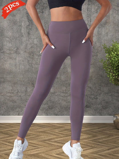 2pcs Women'S High-Waisted Yoga Pants - Side Stripe, Outdoor Sports Tights, Butt-Lifting Tummy Control Leggings, Comfortable Breathable Wide Waistband