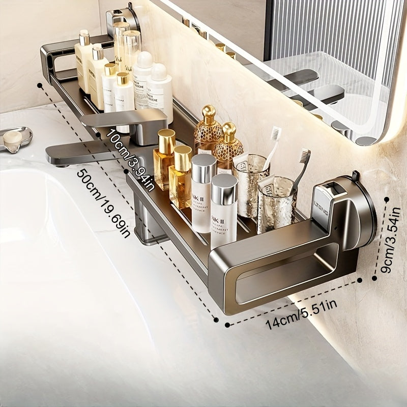 1pc Wall-Mounted Bathroom Sink Organizer with Suction Cup Faucet Holder - No-Drill Carbon Steel & ABS Shelf for Toothbrushes, Makeup Brushes, Floss - Space-Saving Vanity Storage for Small Bathrooms, Bathroom Sink Accessories,