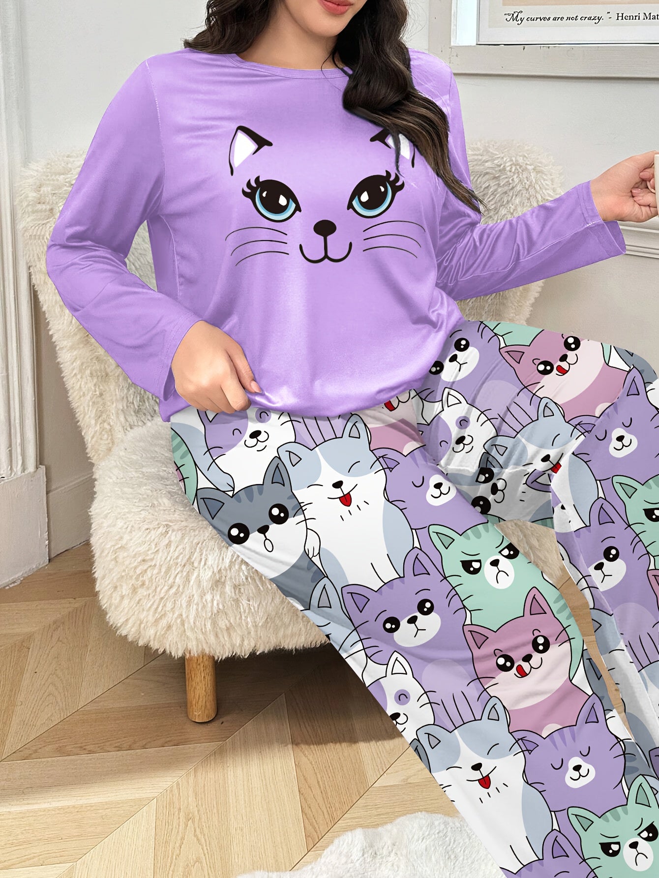 Plus Size - Plus Size Women'S Cozy Long Sleeve Pajama Set with Adorable Print - Soft Purple &, All-Season Comfort, Casual Home Wear, Perfect for Fall & Winter