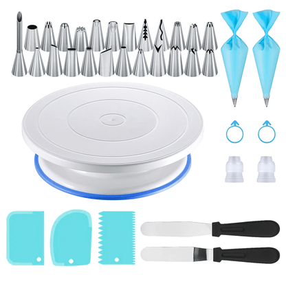 36pcs Stainless Steel Piping Nozzles Cake Turntable Set, 24 Piping Nozzles, 1 Cake Turntable, 2 Reusable Piping Bags, 2 Silicone Rings, 2 Converters, 2 Cream Spatulas, 3 Cream Scrapers, Cake Decorating, Nozzles, Pastry, Cupca