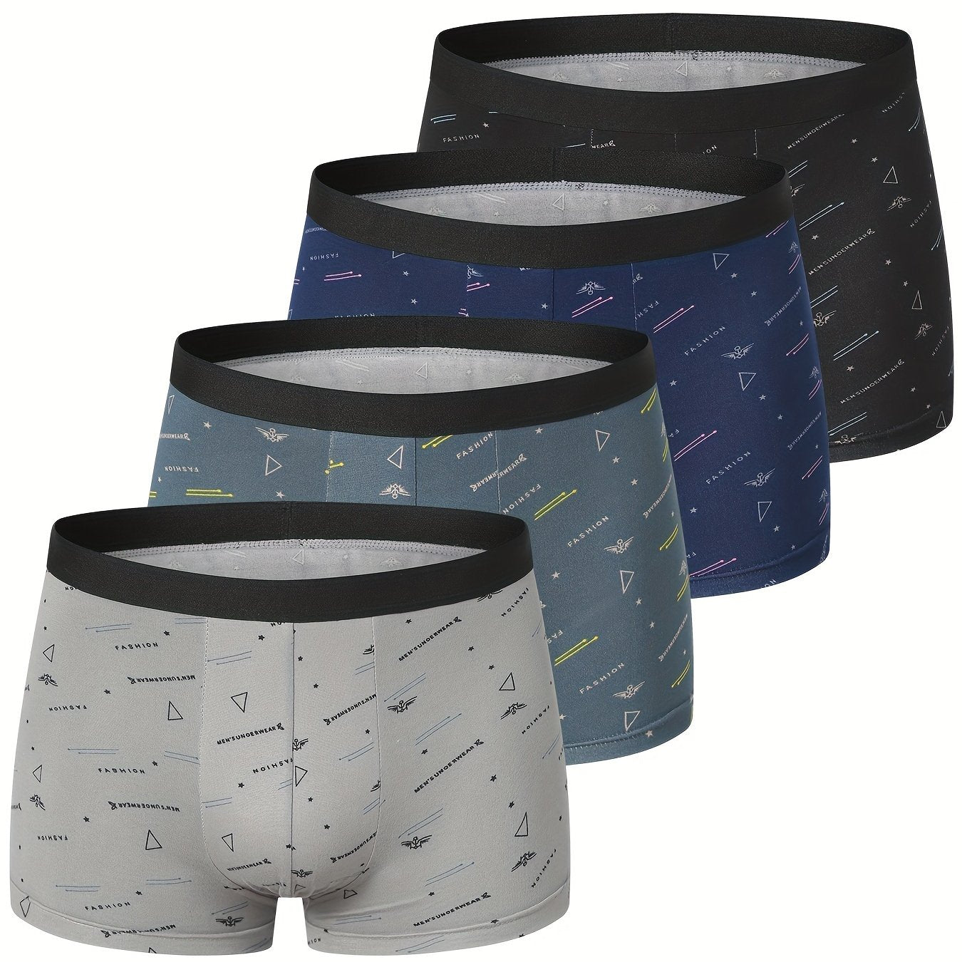 4pcs Men'S Underwear, Polyester, Geometric-pattern, Slight Stretch, Knit Fabric, 115g/m², for Men
