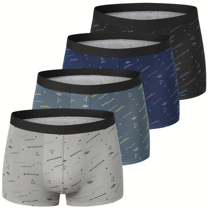 4pcs Men'S Underwear, Polyester, Geometric-pattern, Slight Stretch, Knit Fabric, 115g/m², for Men