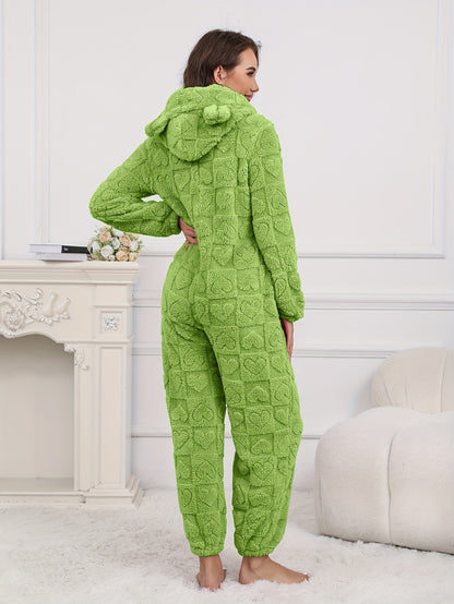Women's Plush Fleece Hooded Jumpsuit - Cozy Mid-Length Zip-Up Romper with Heart Pattern, Harem Pants & Machine Washable for Autumn/Winter Clothing, Winter Apparel, Playful Bear Design, Soft Texture Apparel