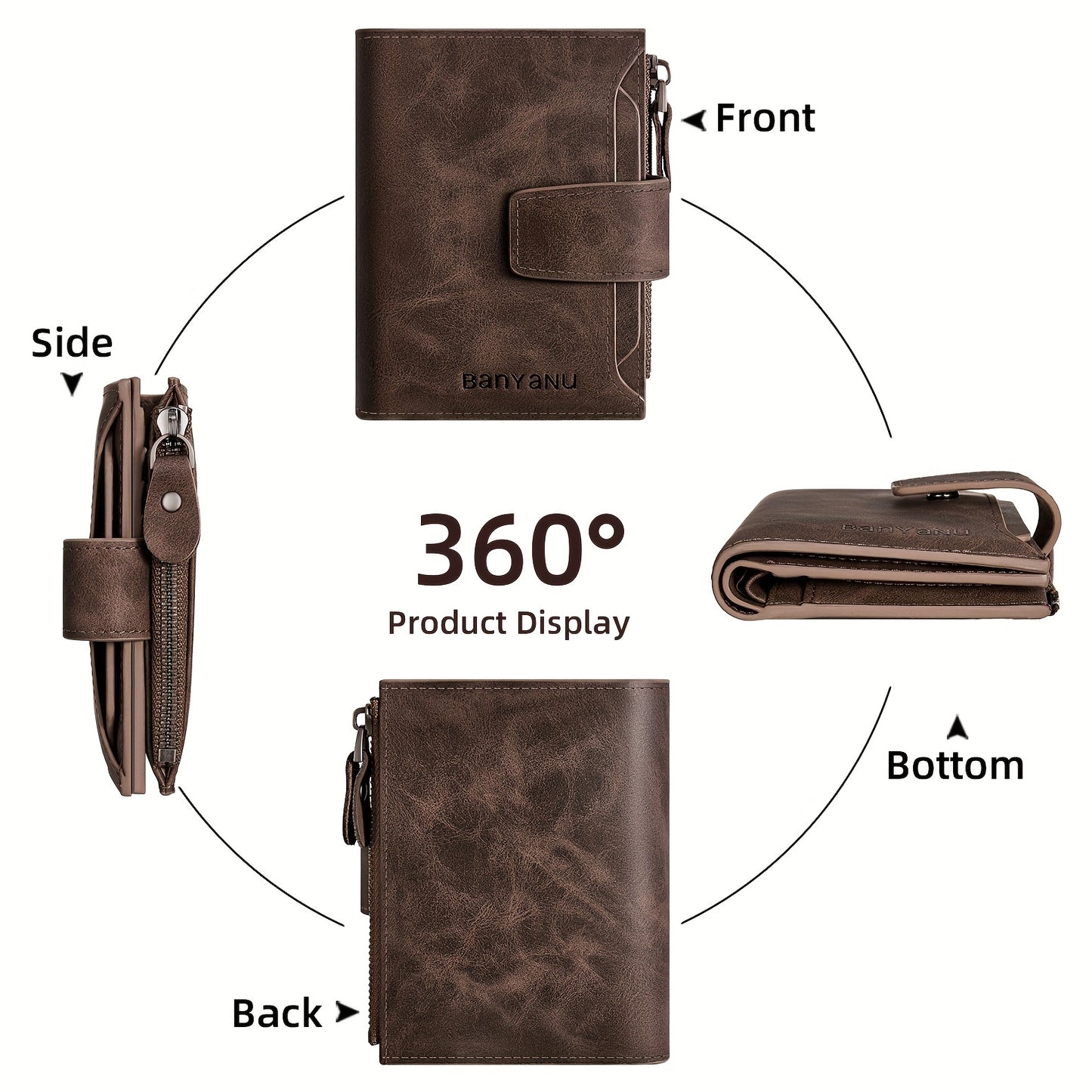 BANYANU Vintage Genuine Leather Wallet for Men - RFID Blocking, 17 Card Slots, Zippered Coin Pocket &amp; Independent Card Holder, Brown, Perfect Father'S Day Gift, Secure Card Storage | Vintage Wallet | Durable Zipper Closure, B