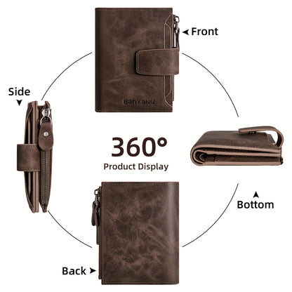 BANYANU Vintage Genuine Leather Wallet for Men - RFID Blocking, 17 Card Slots, Zippered Coin Pocket &amp; Independent Card Holder, Brown, Perfect Father'S Day Gift, Secure Card Storage | Vintage Wallet | Durable Zipper Closure, B