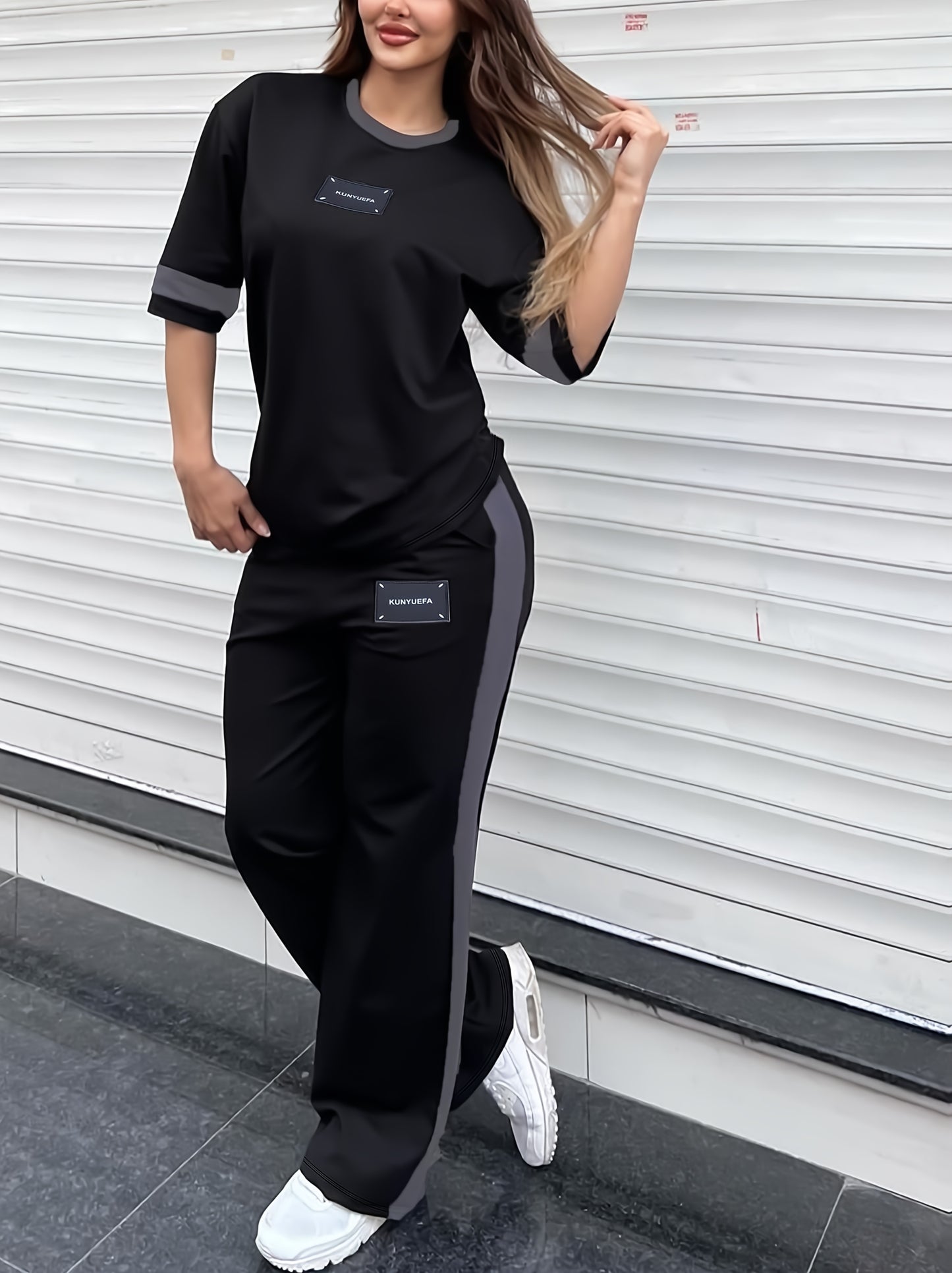 Autumn Fashion Trend: Color-Block Round Neck Short Sleeve T-Shirt + Casual Loose-Fit Elastic Waist Straight-Leg Pants Women's Two-Piece Set