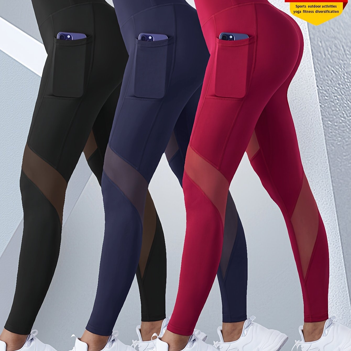 3pcs Women'S High-Waist Yoga Pants, Polyester & Spandex Blend, Sports Style, Solid Color, High Stretch, Breathable Mesh, with Pockets for All-Season Fitness Leggings