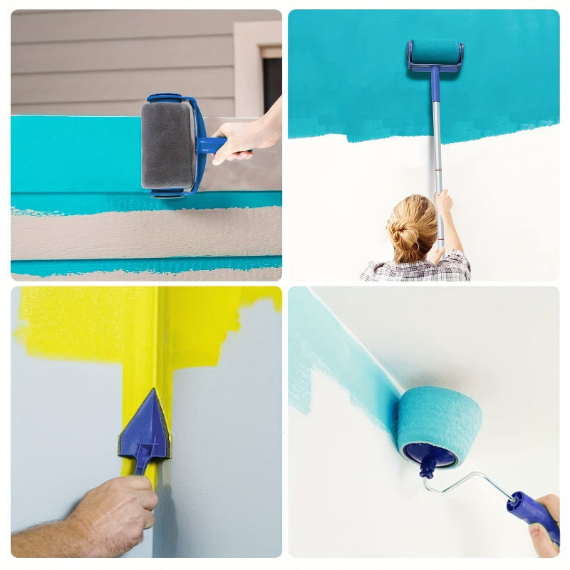 7pcs Paint Roller Brush Set with Handle - Quick and easy DIY room renovation with leak-proof trays, 2 precision edge tools, 3 blue handle rollers and 2 trays - perfect for smooth wall paint, wall painting