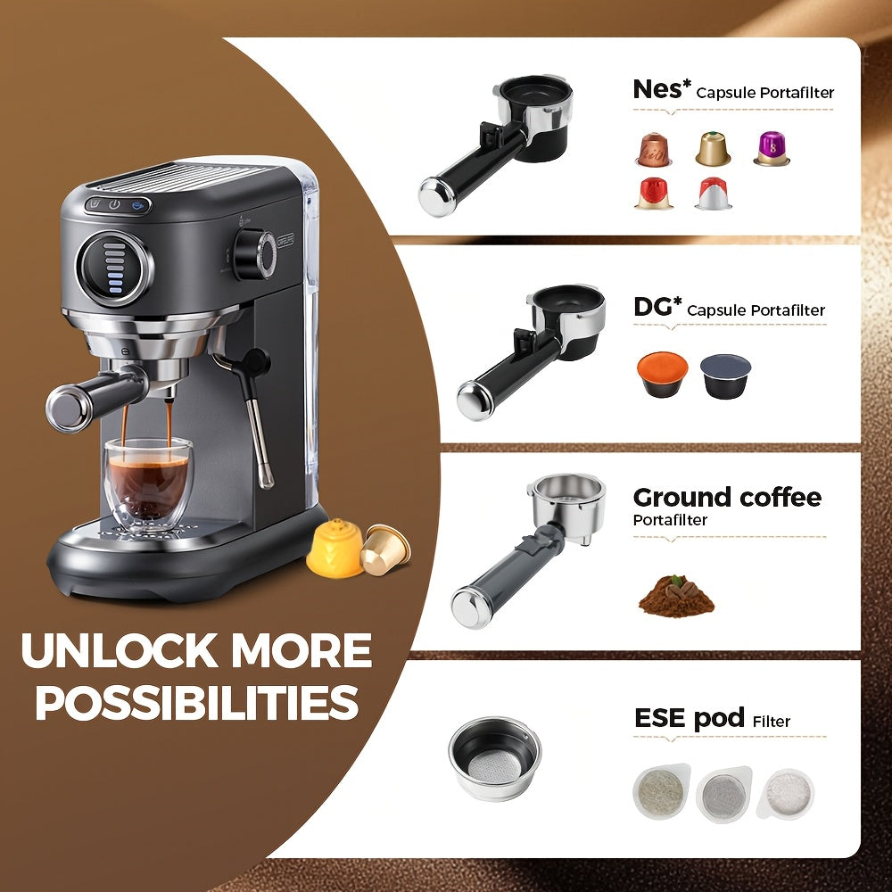 CAFELFFE Cold/Hot Semi-Automatic Espresso Machine, Stainless Steel Multi-Function Latte & Cappuccino Maker with Built-in Milk Frother/Steam Wand, Upgraded 7-Level Water Volume Control, Compatible with Ground Coffee & ESE Pods