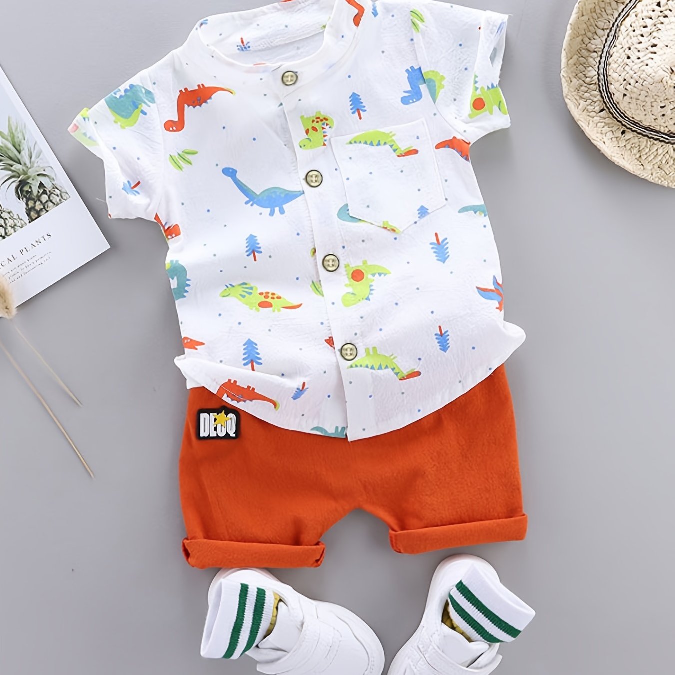 2pcs Baby Boys Dinosaur Print Button Short Sleeve Shirt Top &amp; Elastic Waist Shorts Set Toddler Summer Clothes For Daily &amp; Outdoor Wear