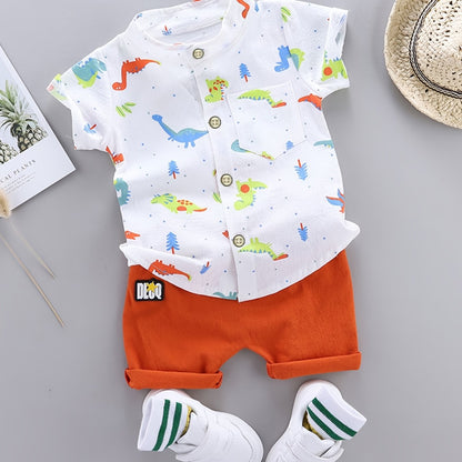 2pcs Baby Boys Dinosaur Print Button Short Sleeve Shirt Top &amp; Elastic Waist Shorts Set Toddler Summer Clothes For Daily &amp; Outdoor Wear