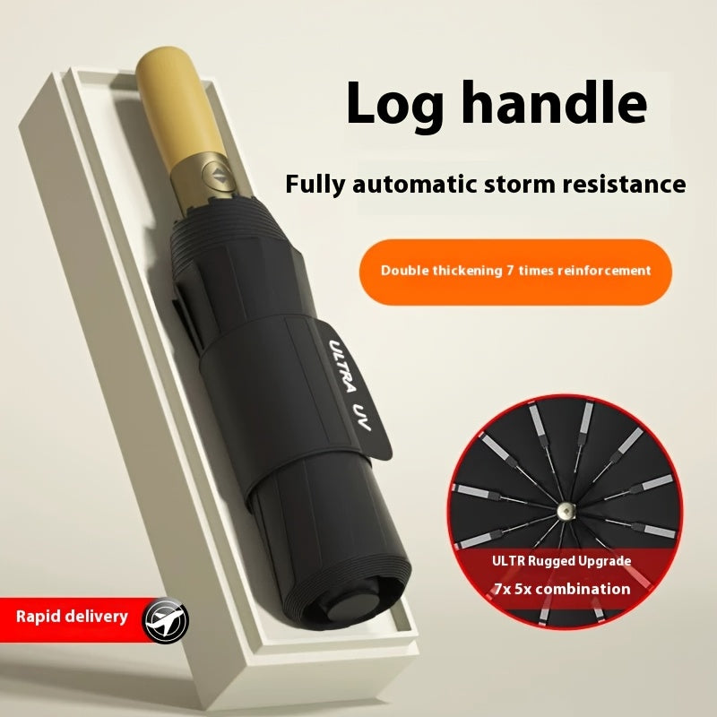 Guarda-chuva resistente com abertura/fecho automático, 12 varetas, pega em madeira maciça (bétula/faia) - Ampla cobertura, resistente ao vento e dobrável, ideal para homens, negócios e viagens - Cor sólida (bordô/preto/azul-marinho)