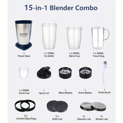 Liquidificador para Smoothies, Batidos e Smoothies, Conjunto de 15 Peças para Cozinha Pessoal com Moedor, Liquidificador Único para Preparar Sumos, Papinhas e Receitas Nutritivas com Escova de Limpeza