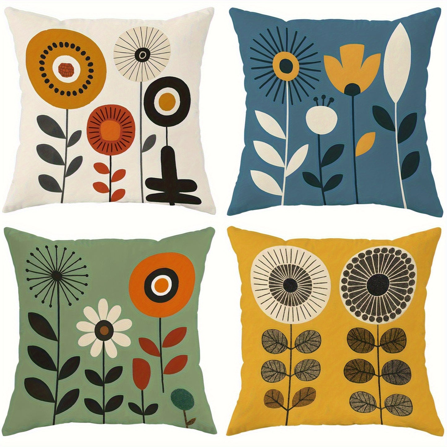 4pcs Vibrant Floral Plush Pillow Covers - Modern Abstract Design in Yellow, Blue, Green with Daisies & Vases, Soft & Cozy Decorative Cushion Cases for Living Room, Bedroom, Sofa - Machine Washable, Zipper Closure, No Inserts,