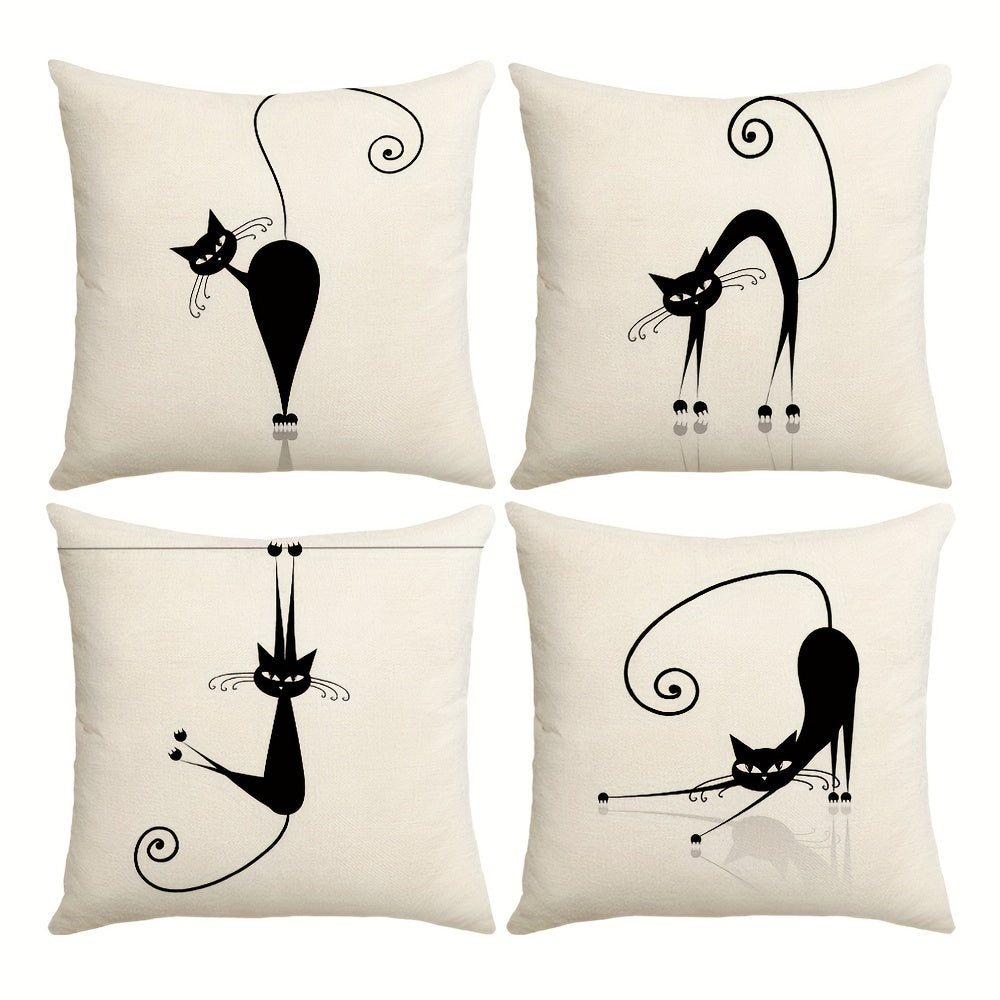 4pcs Playful Black Cat Throw Pillow Covers | Boho Chic Decorative Cushion Covers, 44.96x44.96 cm, Polyester with Zip Closure | Ideal for Sofa, Bedroom, Office & Farmhouse | Hand Washable, Paisley Pattern, Decorative Pillows