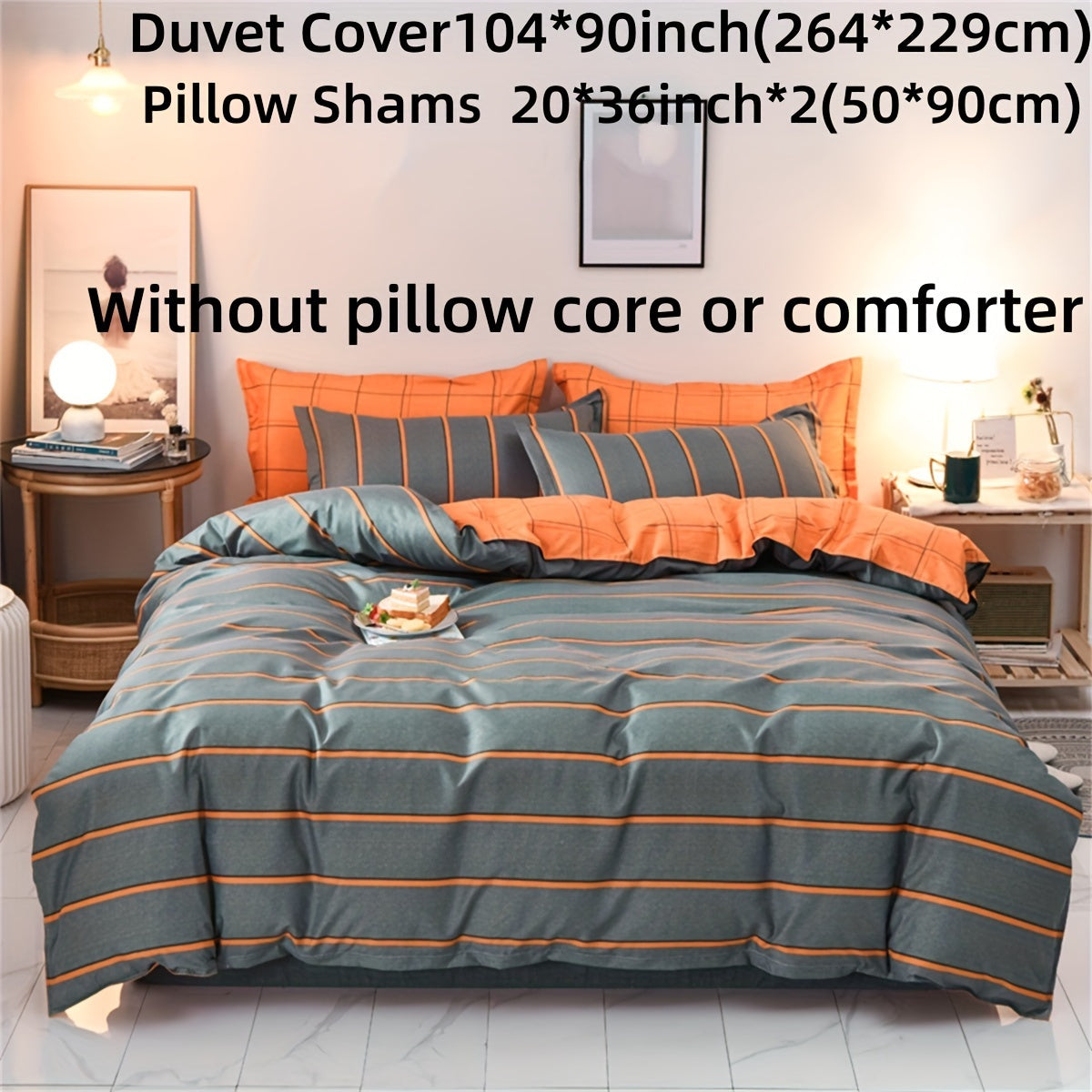 3-Piece Polyester Duvet Cover Set, Striped Print Bedding Set, Soft Comfortable Duvet Cover, For Bedroom, Guest Room (1*Duvet Cover + 2*Pillowcase, no core)