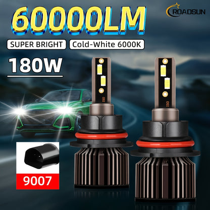 2pcs ROADSUN LED Bulbs - 60000LM Ultra Bright, 180W, 6000K Cool White, H1/H7/H11/9005/9006/H4/H13/9007/9004 Compatible, Plug & Play, Cooling Fan, Aviation Aluminum Housing, 12V/24V Compatible, for Cars, Trucks, SUVs, Motorcyc