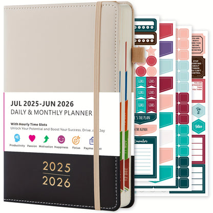 2025-2026 Academic Planner with 12-Month Labels - Daily and Monthly Management Organizer, Marker Section, Faux Leather Cover, 21.34cm x 14.48cm Adult Back Planner, Academic Planner Notebook, Organized Layo