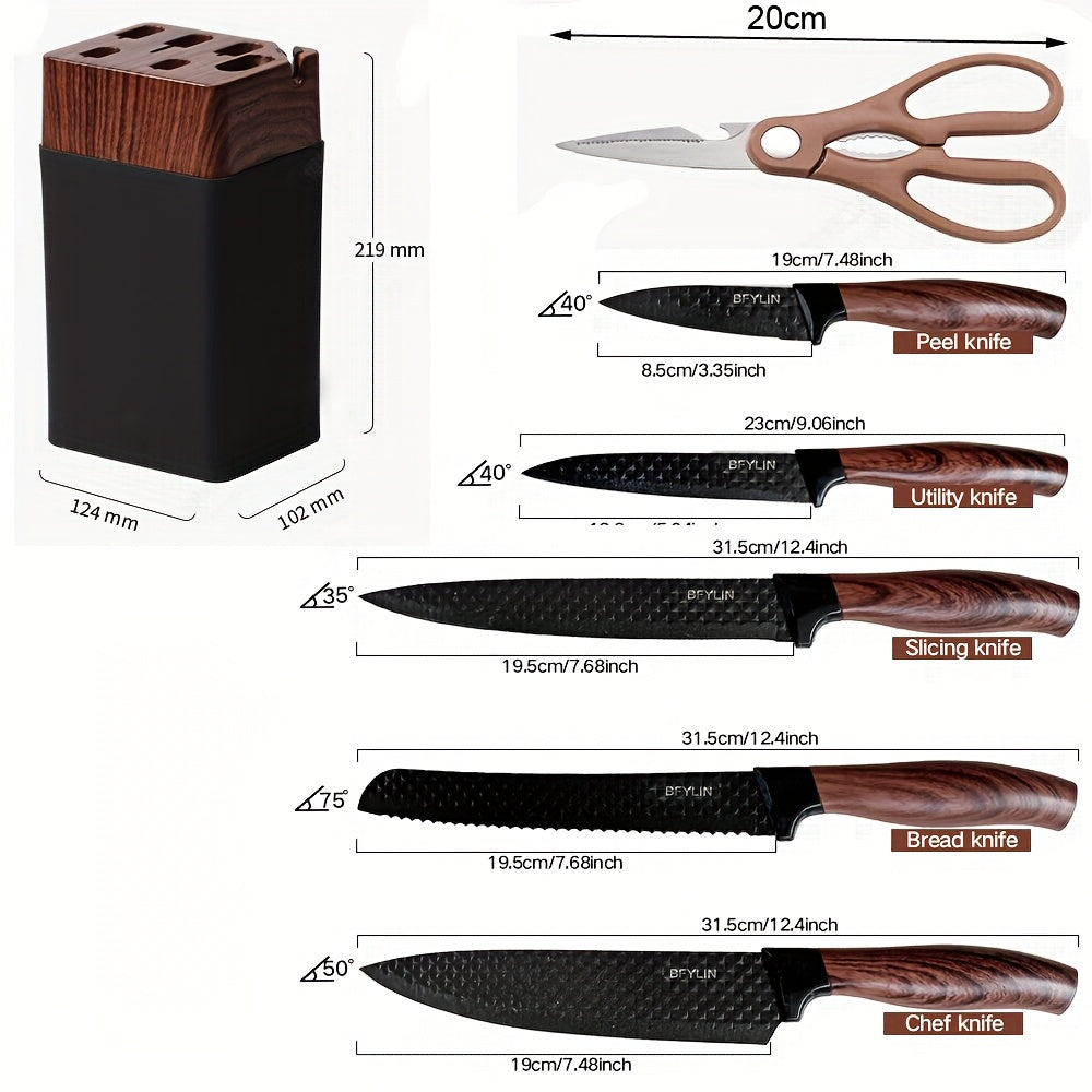 Conjunto de 7 facas de chef com bloco de facas em PE - Lâminas robustas em aço inoxidável 304, extra afiadas, pega ergonómica antiderrapante, facas de cozinha profissionais (chef, descascar, fatiar, pão, multiusos, tipo tesoura) - Kit de corte completo